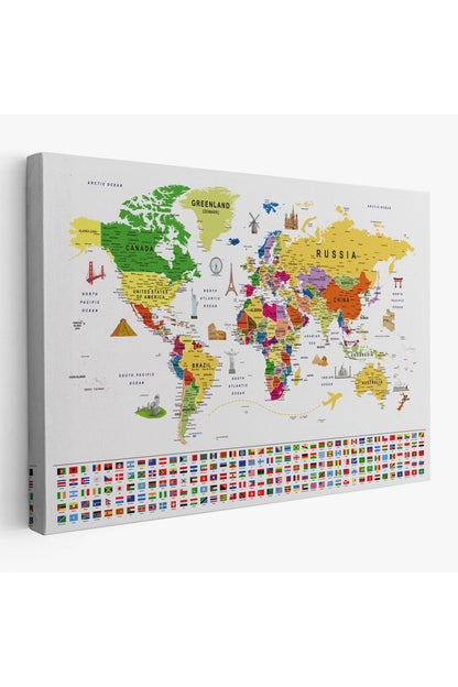 Dünya Haritası Ayrıntılı Eğitici Sembollü Bayraklı Dekoratif Kanvas Tablo 2839
