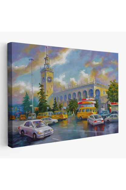 Soçhi Tren İstasyonu Yağlıboya Görünüm Dekoratif Kanvas Duvar Tablosu-3610