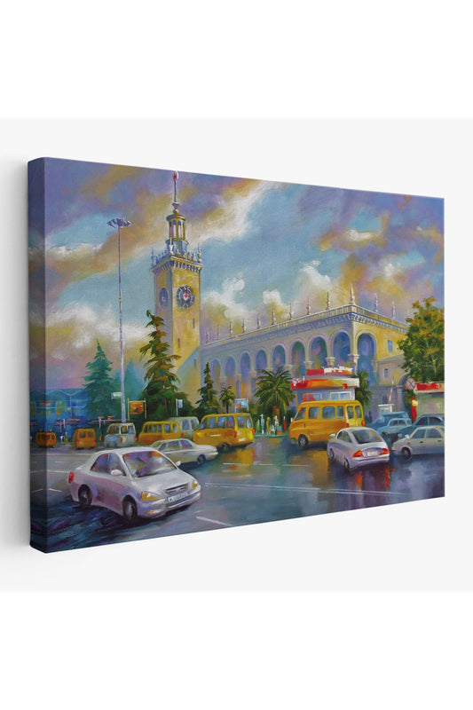 Soçhi Tren İstasyonu Yağlıboya Görünüm Dekoratif Kanvas Duvar Tablosu-3610