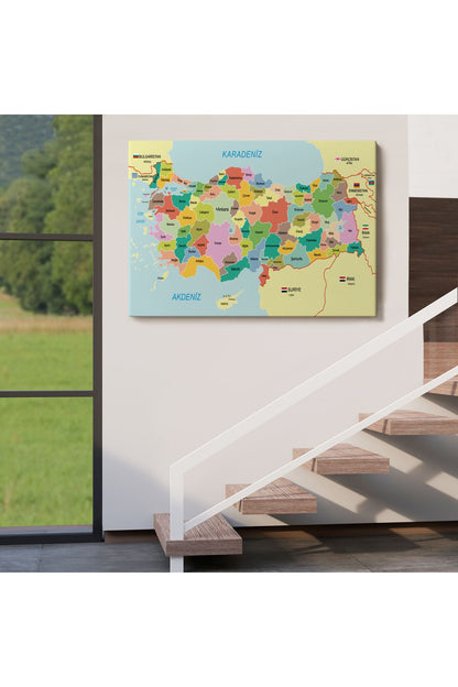 Türkiye Haritası Kanvas Tablo Sınır Komşulu Eğitici Dekoratif Tablo 3096