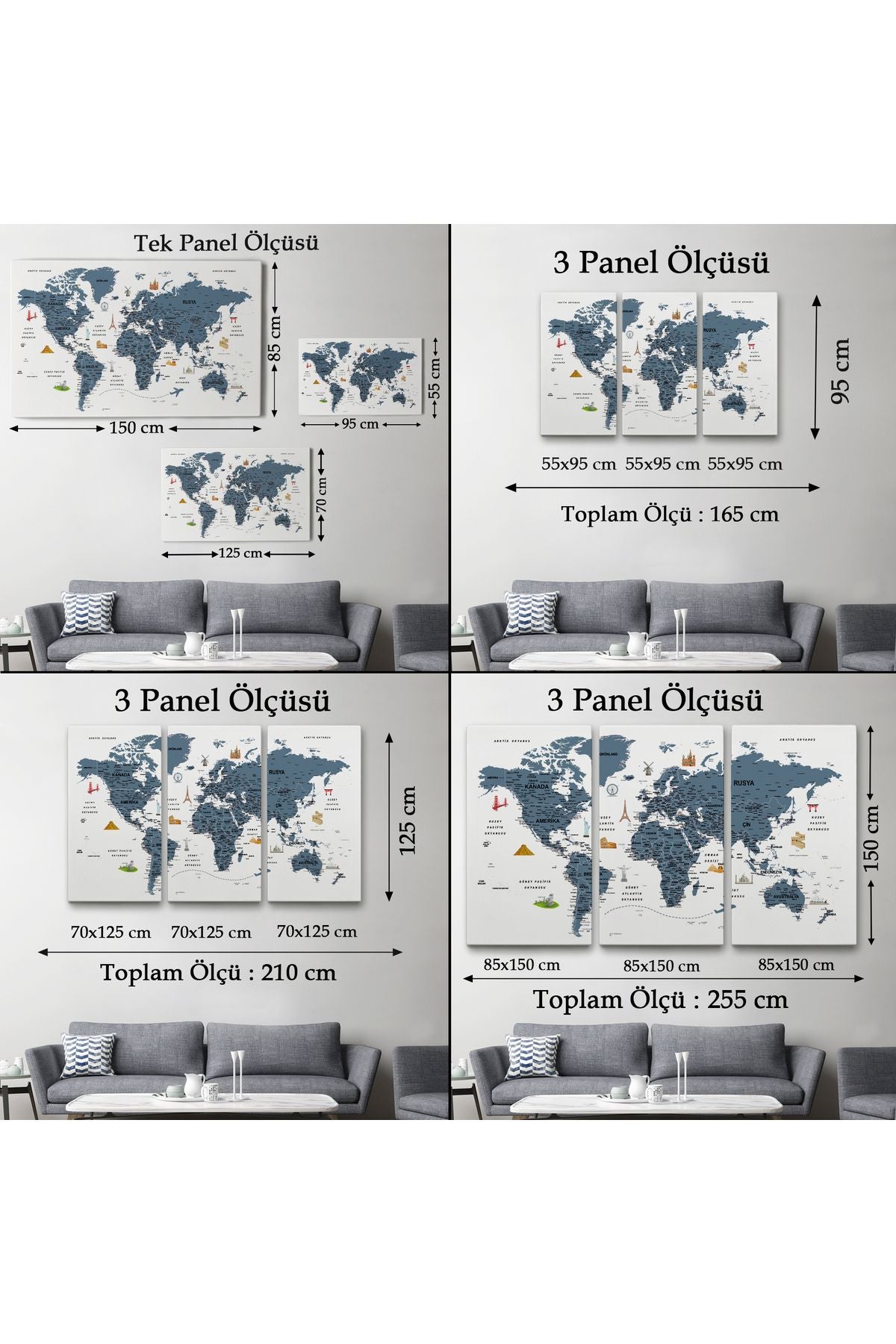 Türkçe Dünya Haritası Son Derece Ayrıntılı Eğitici ve Sembollü Kanvas Tablo 3188