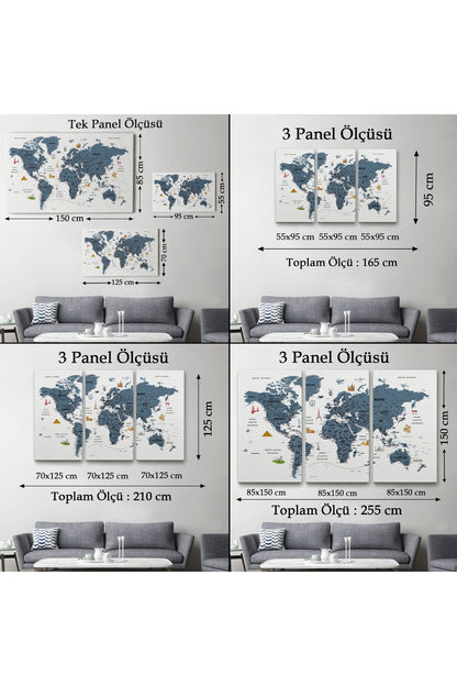 Türkçe Dünya Haritası Son Derece Ayrıntılı Eğitici ve Sembollü Kanvas Tablo 3188