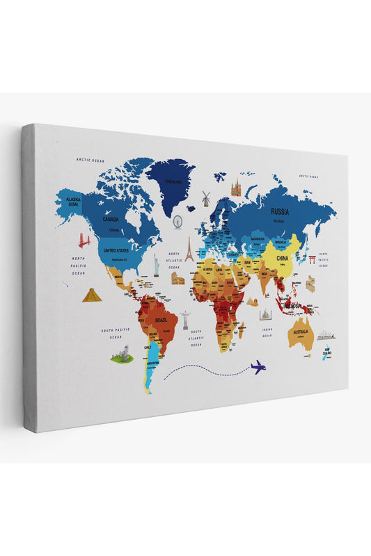 Dünya Haritası Dekoratif Kanvas Tablo Ülke ve Başkentli Öğretici ve Sembollü 2267