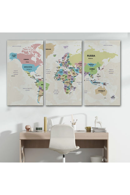 Dünya Haritası Kanvas Tablo Ülke Başkentli ve Okyanus Detaylı Tablo 2749