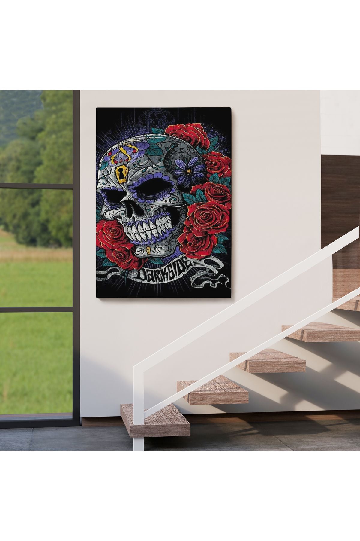 Renkli Çiçeklerle Kafatası Posteri, Şeker Kafatası Sanatsal Kanvas Tablo-5256