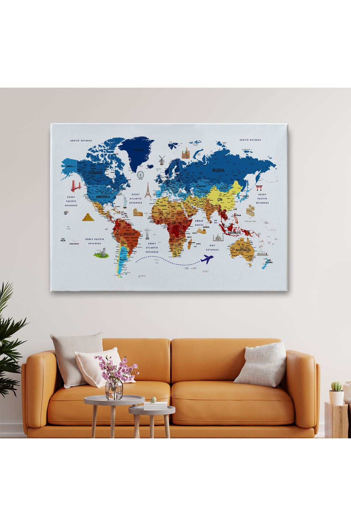 Türkçe Dünya Haritası Son Derece Ayrıntılı Eğitici ve Sembollü Kanvas Tablo 3166