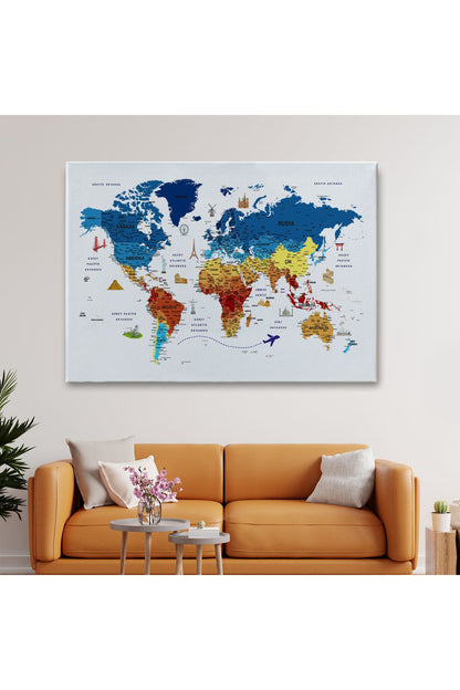 Türkçe Dünya Haritası Son Derece Ayrıntılı Eğitici ve Sembollü Kanvas Tablo 3166