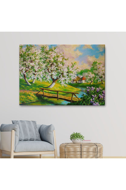 Köy içinden Akan Akarsu Bahar Manzarası Duvar Tablosu-1204