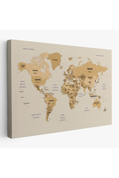 Türkçe Dünya Haritası Kanvas Tablo Ülke Başkent Detaylı ve Dekoratif 2618