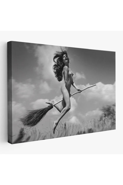 Süpürge İle Uçan Çıplak Kandın Kanvas Tablo-5145