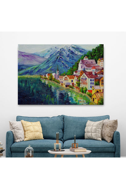 Avusturya Hallstatt Yağlıboya Görünüm Dekoratif Kanvas Duvar Tablosu-3438