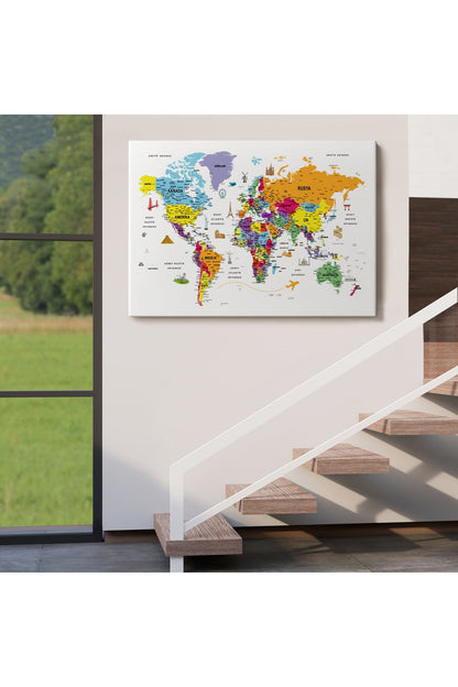 HG Türkçe Dünya Haritası Son Derece Ayrıntılı Eğitici  ve Sembollü Kanvas Tablo 3180