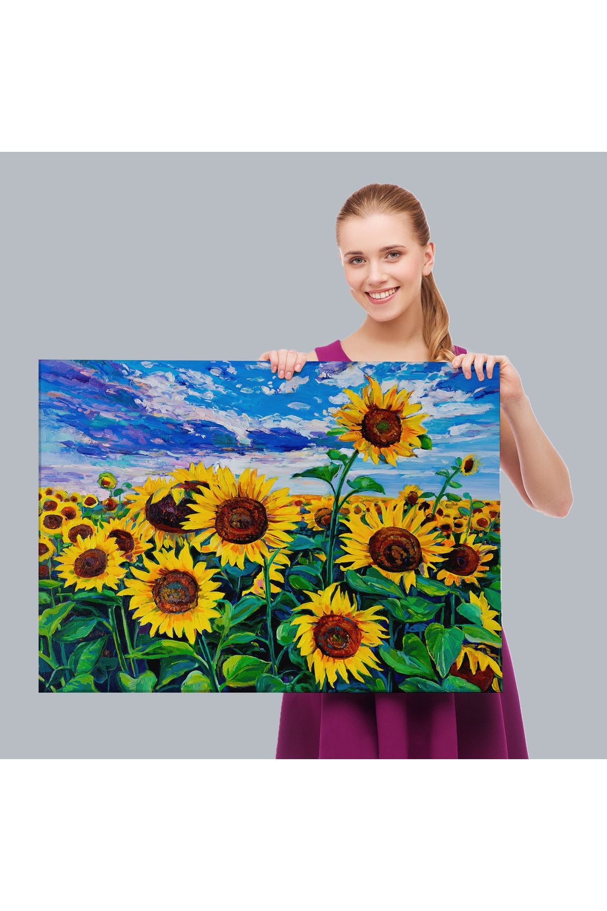 Ayçiçeği Tarlası Yağlıboya Görünüm Dekoratif Kanvas Duvar Tablosu-3750