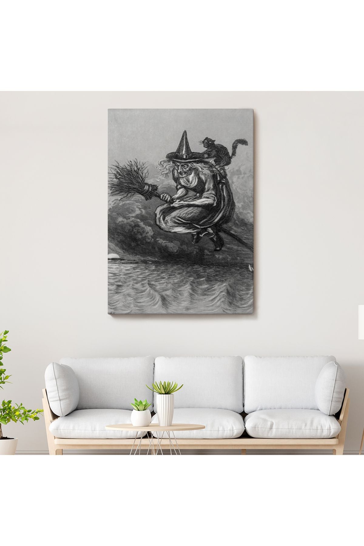 Süpürge ile Uçan Yaşlı Cadı ve Kedisi, Cadılar Bayramı Hediyesi, Hellowen Tablo -6304