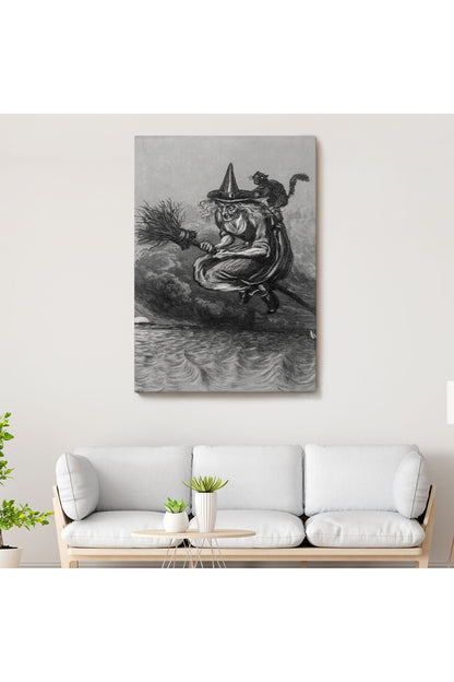 Süpürge ile Uçan Yaşlı Cadı ve Kedisi, Cadılar Bayramı Hediyesi, Hellowen Tablo -6304