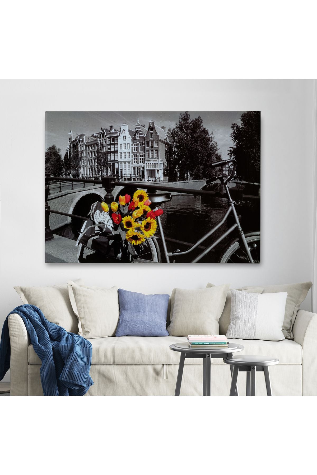 Kanvas Tablo, Duvar Dekoru, Amsterdam Kanalları Bisiklet ve Laleler 6594 BUNGKNV