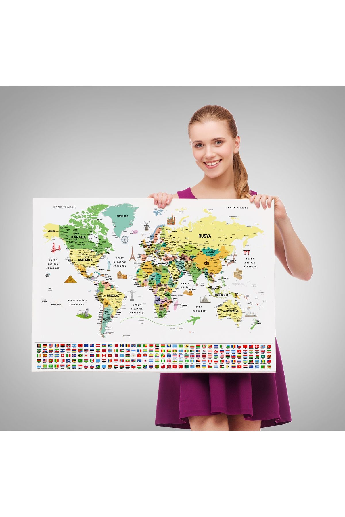 arg001 seri Türkçe Dünya Haritası Ayrıntılı Eğitici  Sembollü Bayraklı Dekoratif Kanvas Tablo 2848