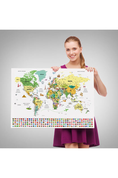 arg001 seri Türkçe Dünya Haritası Ayrıntılı Eğitici  Sembollü Bayraklı Dekoratif Kanvas Tablo 2848