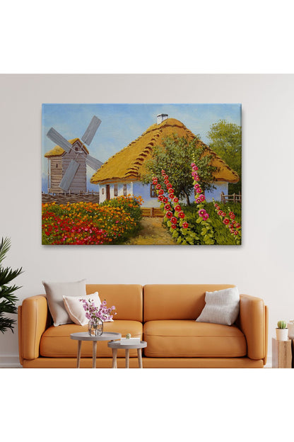 Köy Evi Manzarası Yağlıboya Görünüm Dekoratif Kanvas Duvar Tablosu-3654