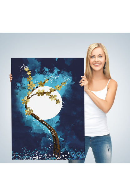 Altın Çiçekli Ağaç ve Ve Ay Kanva Tablo, Soyut Çağdaş Sanat Örneği-4971