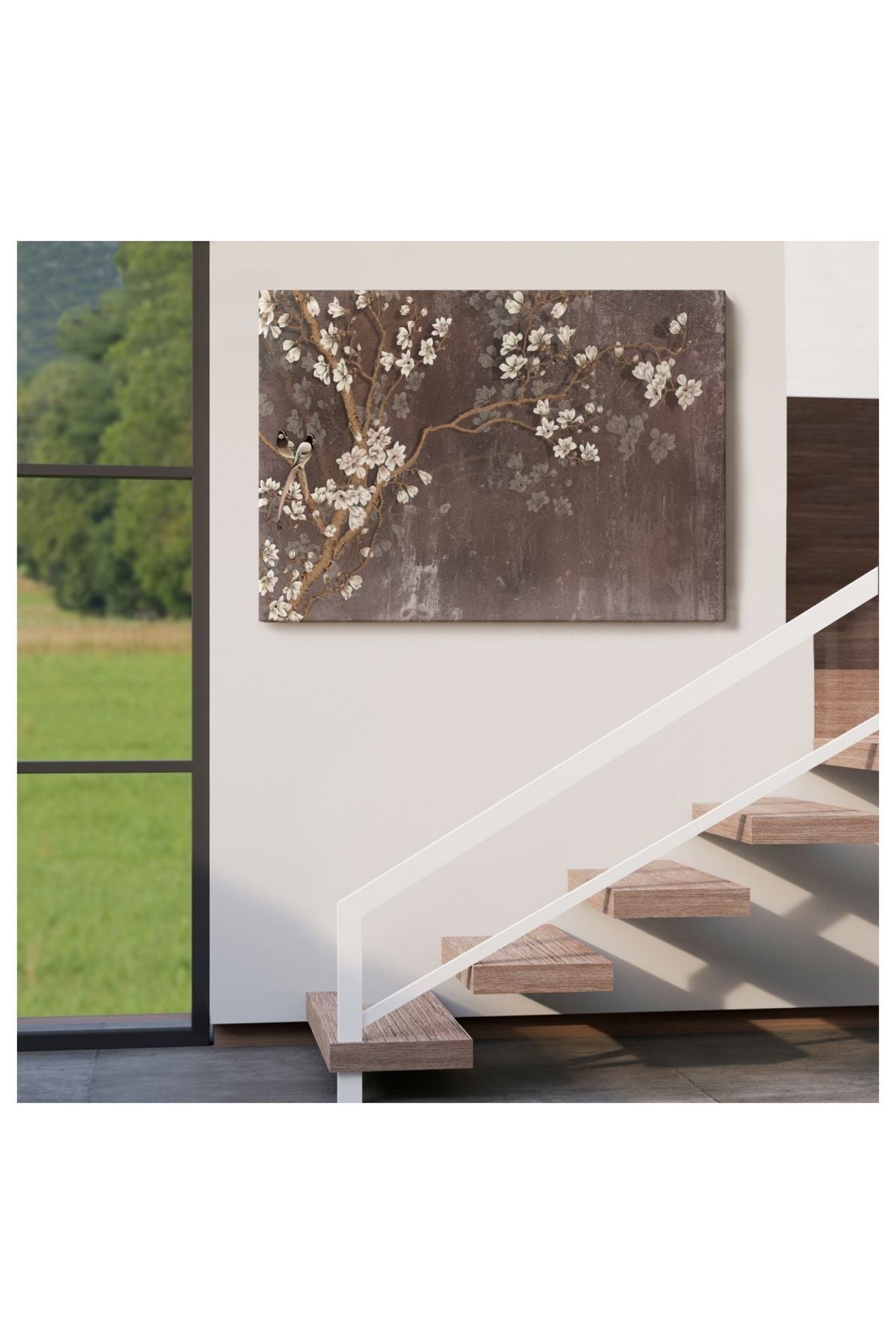 Kanvas, Duvar Tablosu, Dekoratif, Yağlıboya Görünüm Ağaçta Beyaz Çiçekler 3736 EGKNV