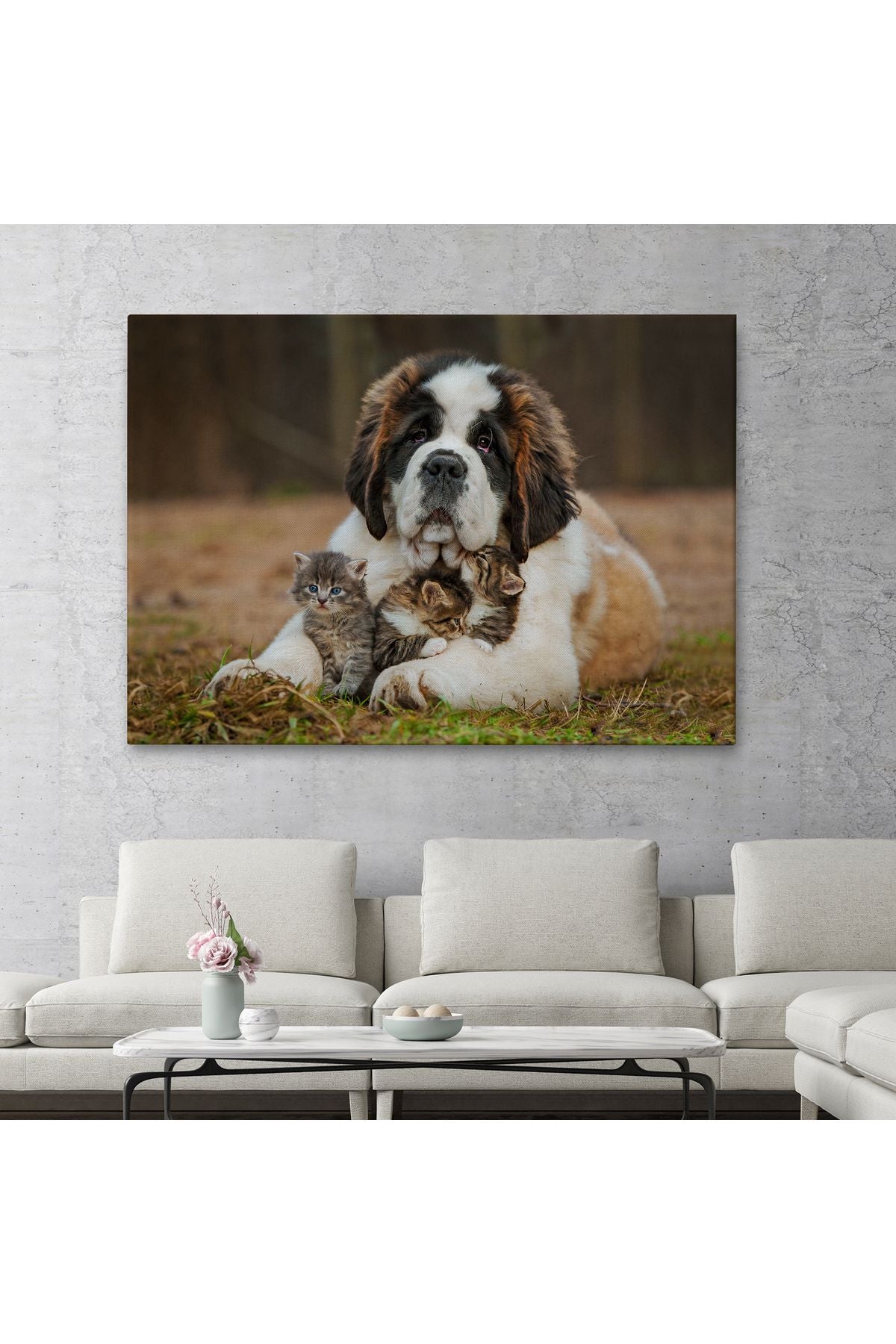YB St. Bernard Köpek ve Yavru Kediler Dekoratif Kanvas Tablo 1124