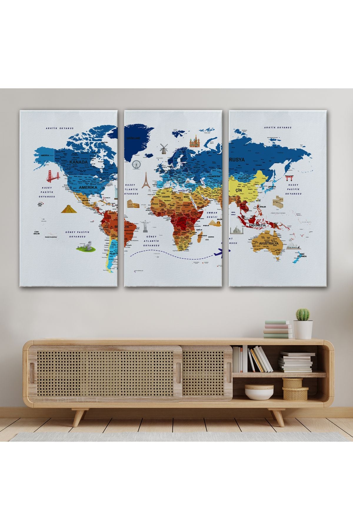 Türkçe Dünya Haritası Son Derece Ayrıntılı Eğitici ve Sembollü Kanvas Tablo 3166