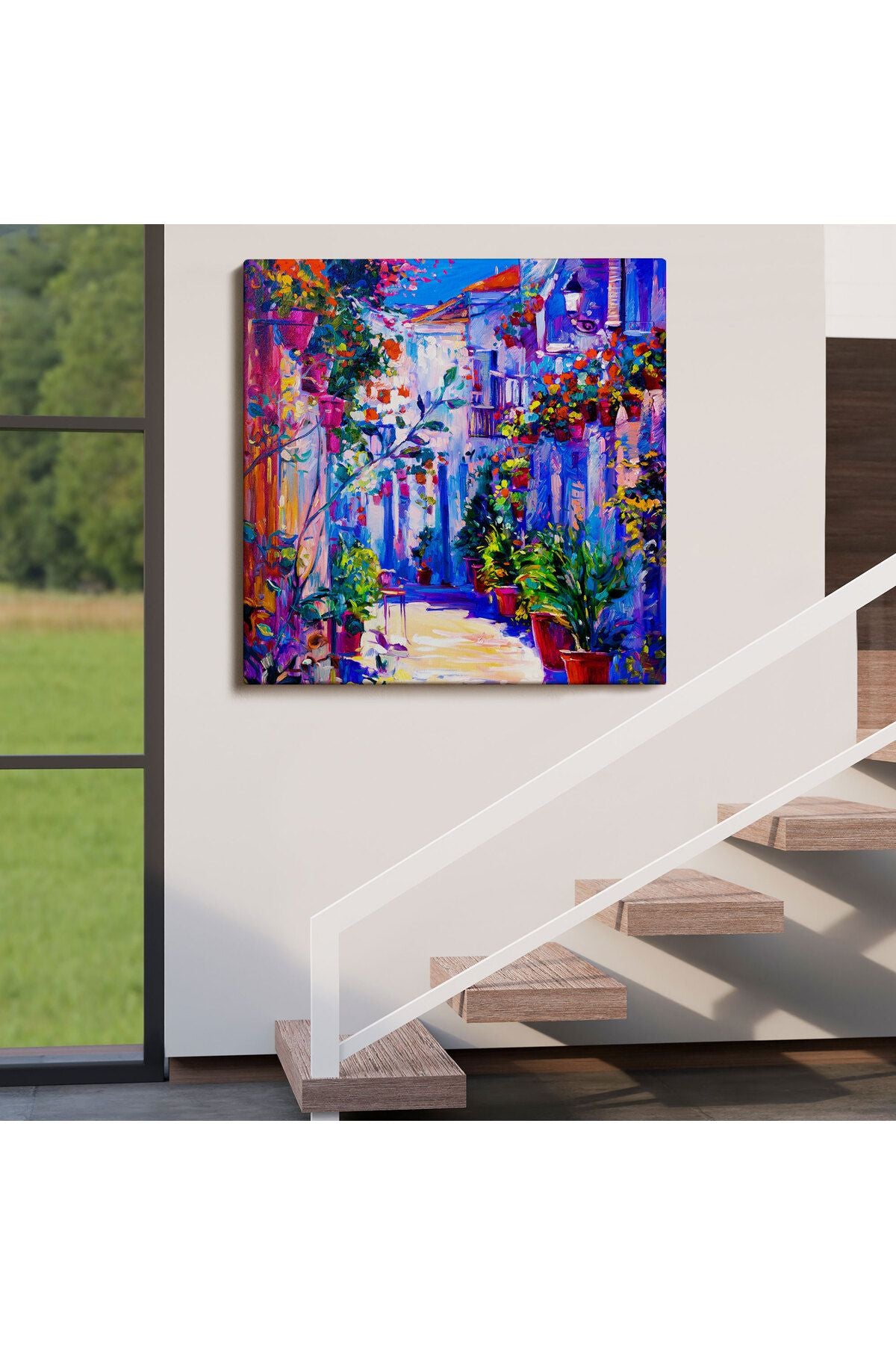 Çiçekli Sokak Yağlıboya Görünüm Dekoratif Kanvas Duvar Tablosu-5827