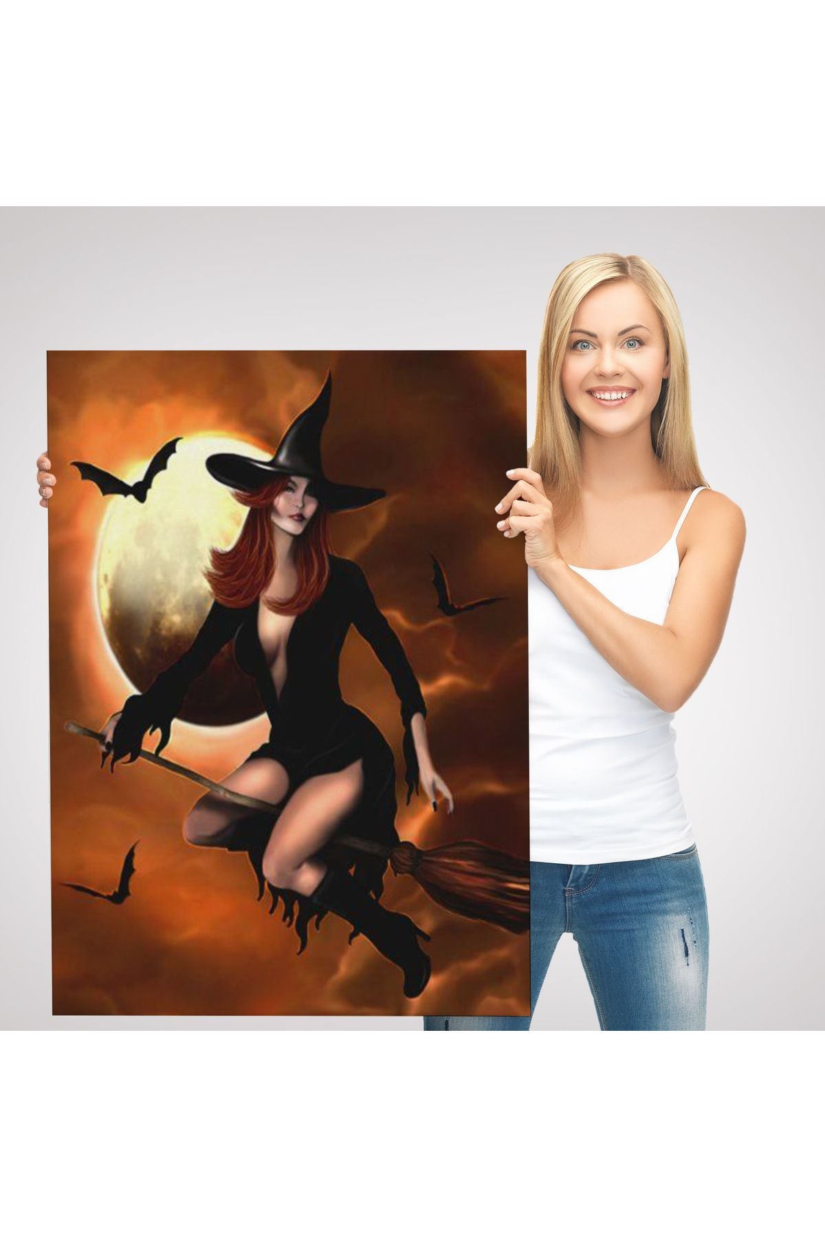 Süpürge İle Uçan Cadı, Cadılar Bayramı Helloven Duvar Tablosu -6086