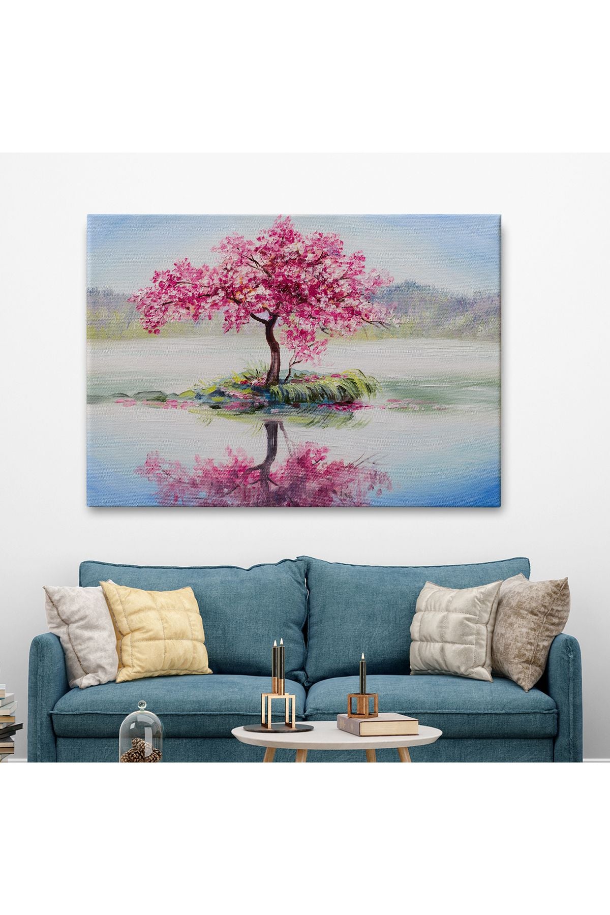 Gölde Sakura Ağacı Yağlıboya Görünüm Kanvas Duvar Tablosu-3494