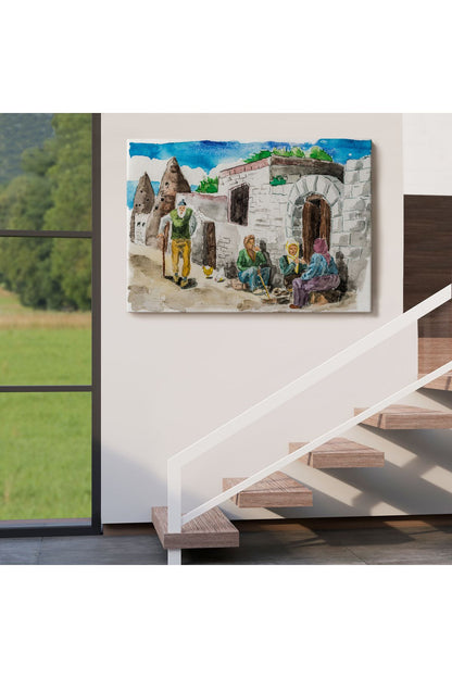 SZ KVS1-Kanvas Tablo-Kapadokya Göremedeki Köy Hayatı Yaşam Suluboya Görünüm  3756