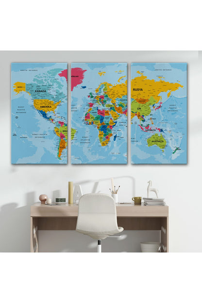 Dünya Haritası Türkçe Kanvas Tablo Ayrıntılı Dekoratif-Okyanuslu 2170