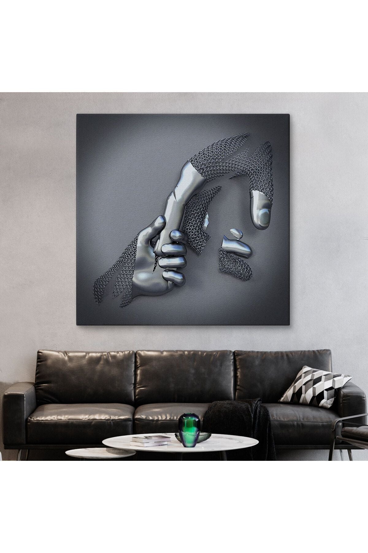 Metalik Efektli 3D Kanvas Poster, Modern Duvar Dekoru, Gümüş Kanvas Tablo-5357