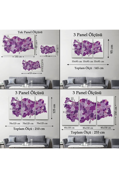 Türkiye Haritası Kanvas Tablo İl ve İlçeli Ayrıntılı Eğitici Dekoratif Tablo 3025