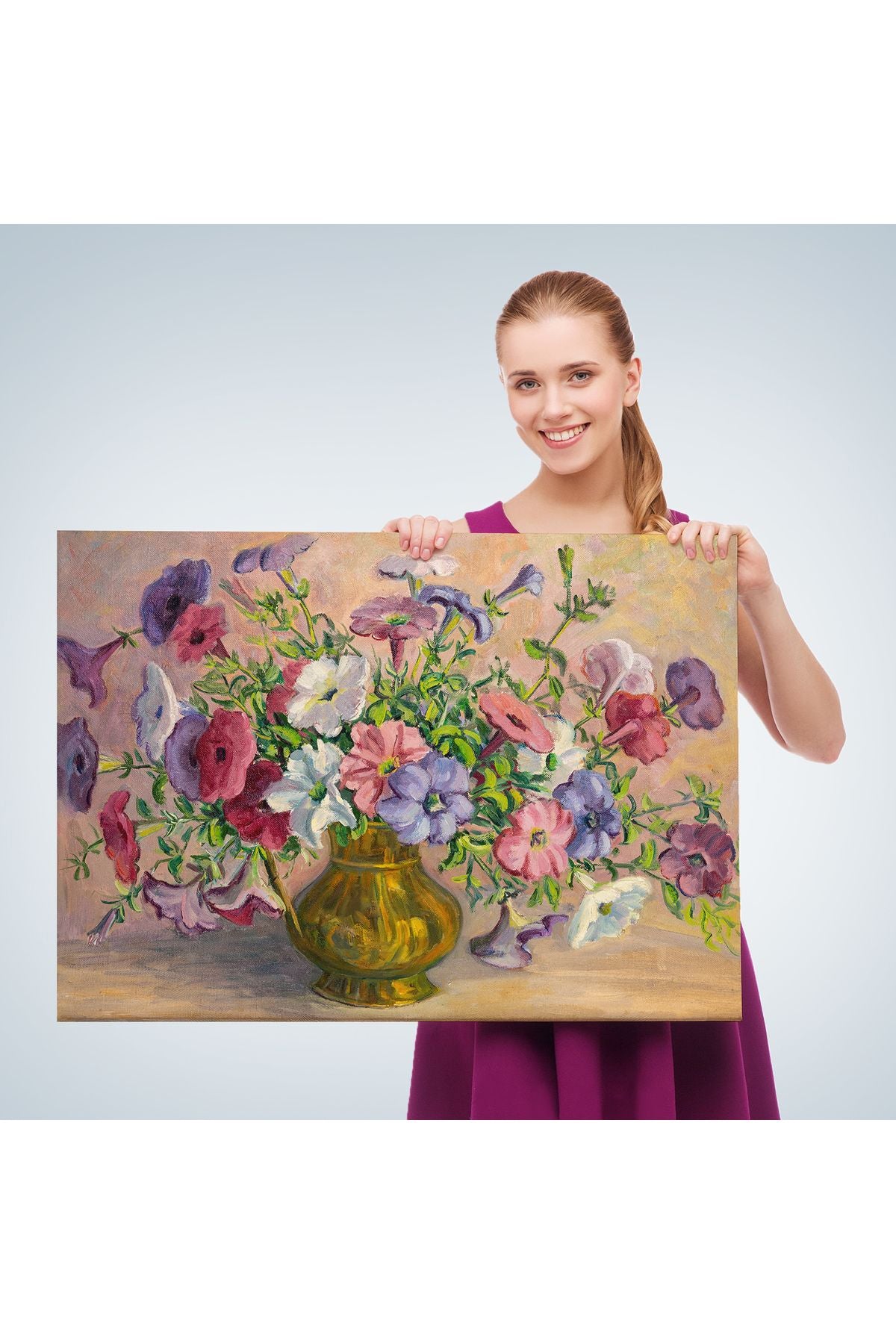 Vazoda Çiçekler Vintage Yağlıboya Görünüm Dekoratif Kanvas Duvar Tablosu-3672