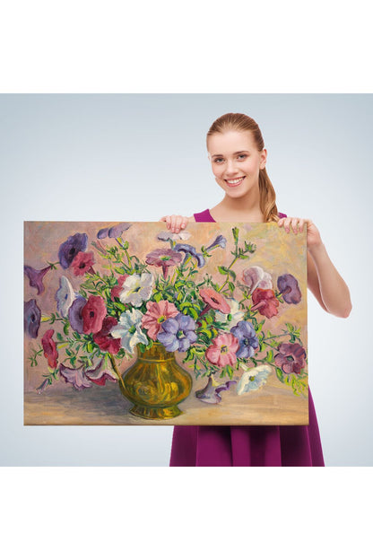 Vazoda Çiçekler Vintage Yağlıboya Görünüm Dekoratif Kanvas Duvar Tablosu-3672