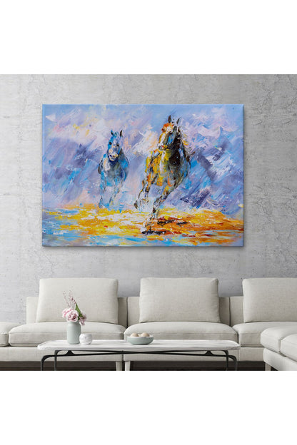 Koşan Atlar Yağlıboya Görünüm Dekoratif Kanvas Duvar Tablosu-3490