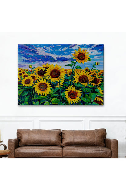 Ayçiçeği Tarlası Yağlıboya Görünüm Dekoratif Kanvas Duvar Tablosu-3750