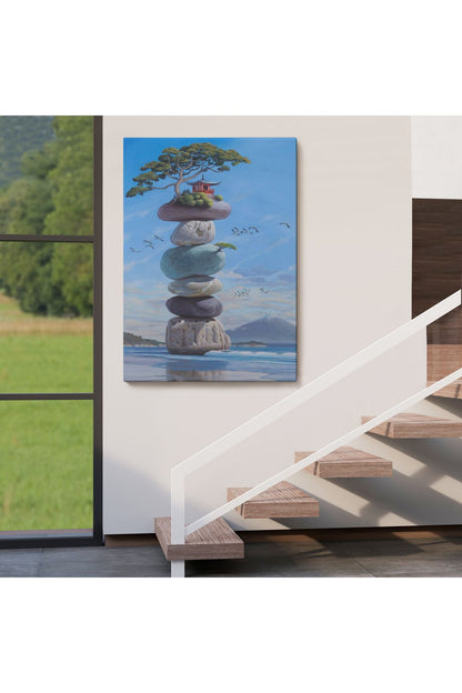 Sahilde Renkli Denge Taşları, Meditasyon, Yoga, Spiritüel Baskı Kanvas Tablo-5239
