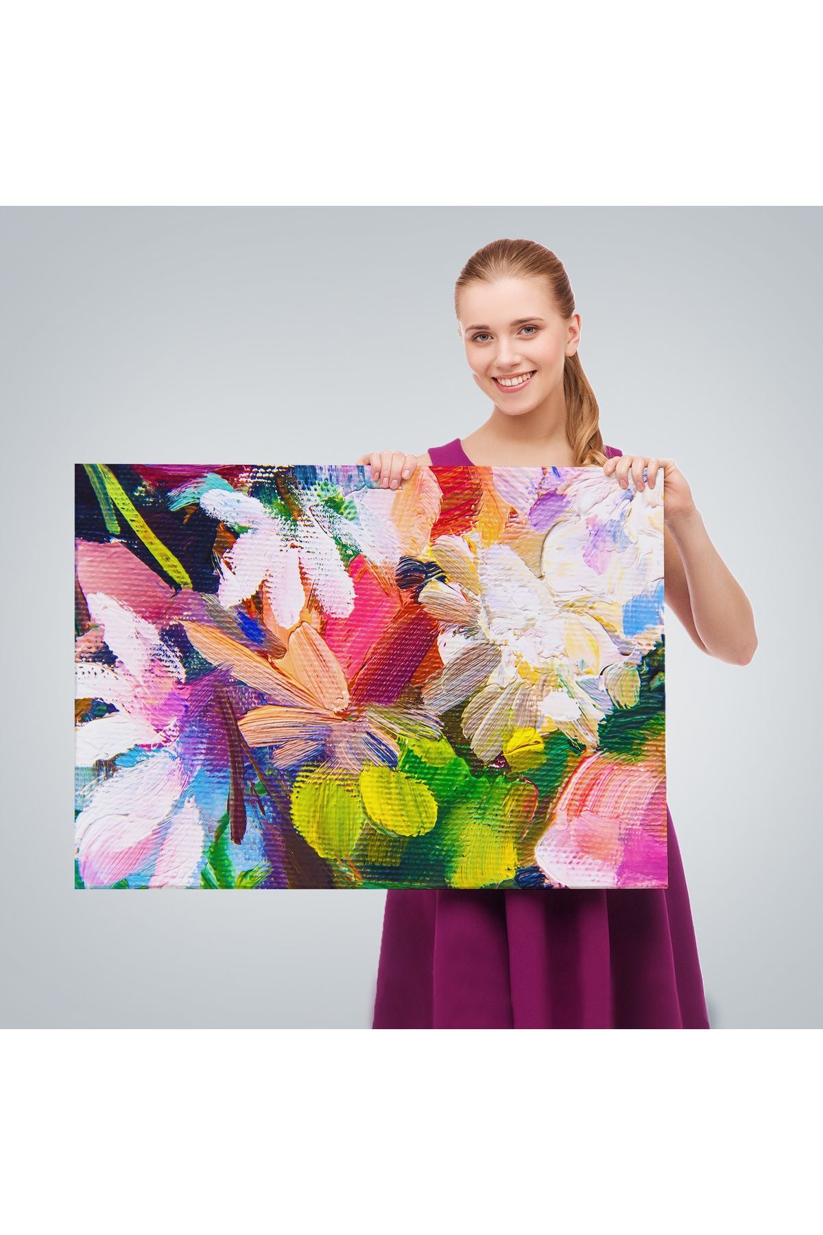 DB Renkli Çiçek Desenli Yağlıboya Görünüm Dekoratif Kanvas Duvar Tablosu-3566