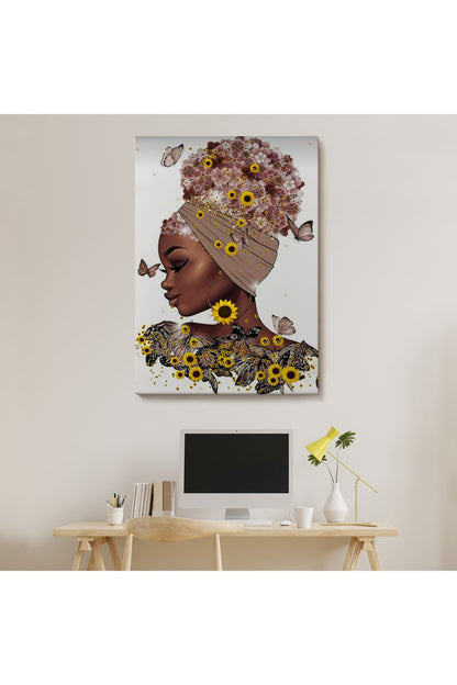 Kanvas Tablo, Duvar Dekoru, Afrikalı Güzel Kadın ve Çiçekler 6038 BUNGKNV