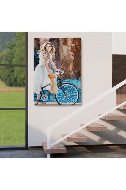 Bisiklete Binen Beyaz Elbiseli Kız Duvar Tablosu-6007