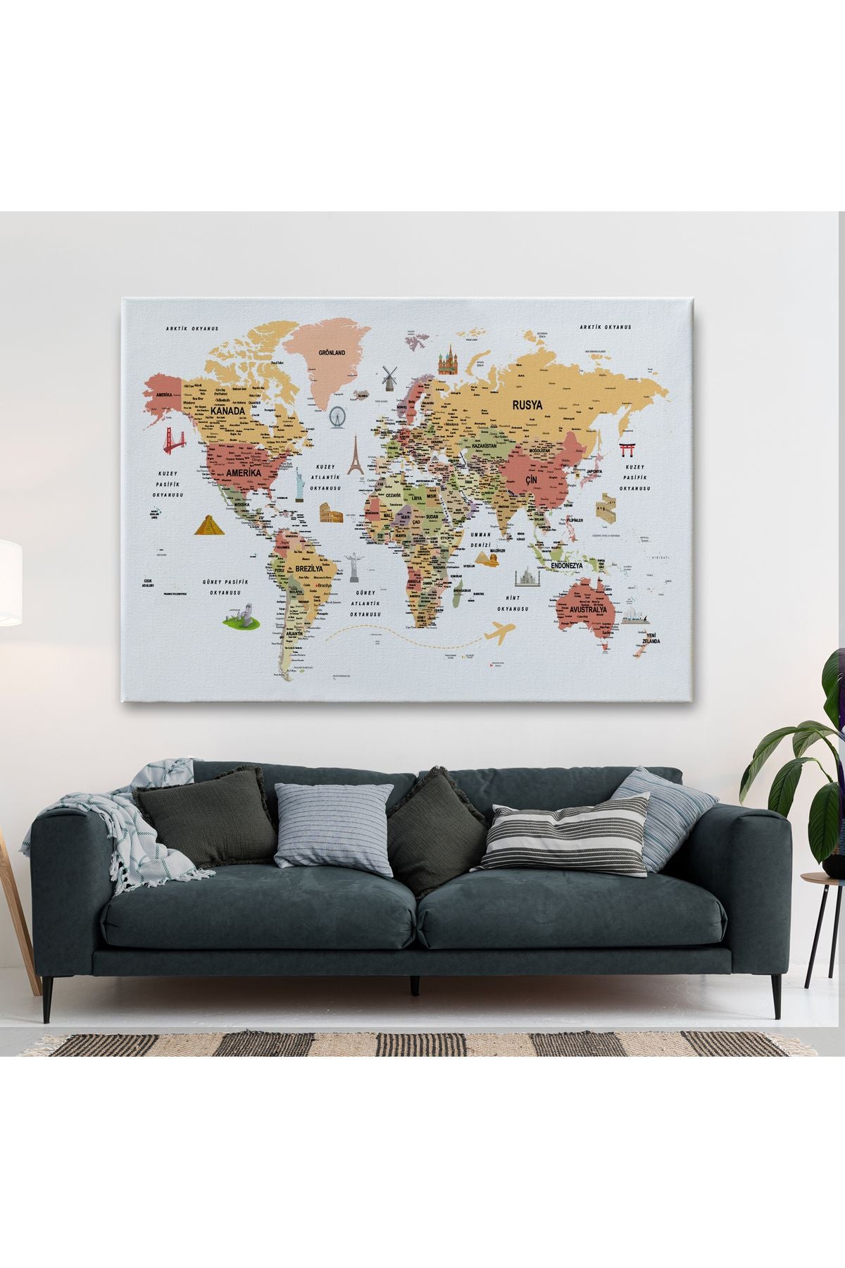 Türkçe Dünya Haritası Son Derece Ayrıntılı Eğitici ve Sembollü Kanvas Tablo 3206