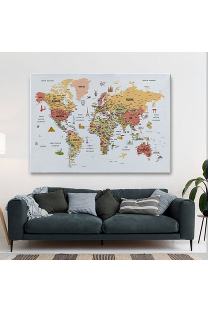 Türkçe Dünya Haritası Son Derece Ayrıntılı Eğitici ve Sembollü Kanvas Tablo 3206