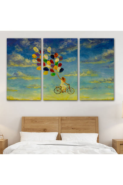 Renkli Balonlar İle Uçan Bisikletli Kız Kanvas Tablo-5036