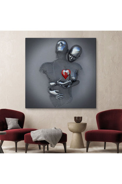 Aşk Sanatı, 3D Efekti Gümüş İnsan, Gri ve Gümüş Metalik Efektli Kanvas Tablo-5353