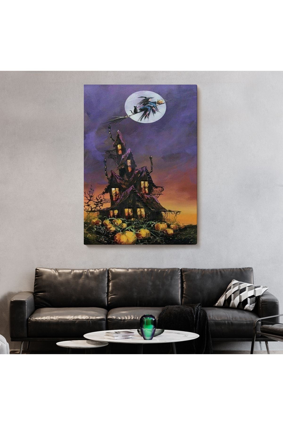 Süpürge İle Uçan Cadı ve Kedisi Cadılar Bayramı Helloven Duvar Tablosu -6078