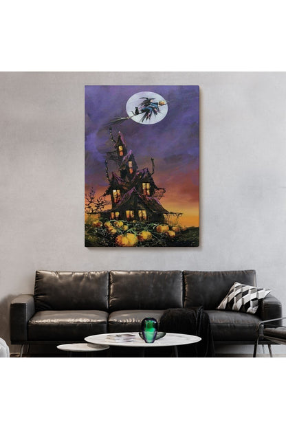 Süpürge İle Uçan Cadı ve Kedisi Cadılar Bayramı Helloven Duvar Tablosu -6078