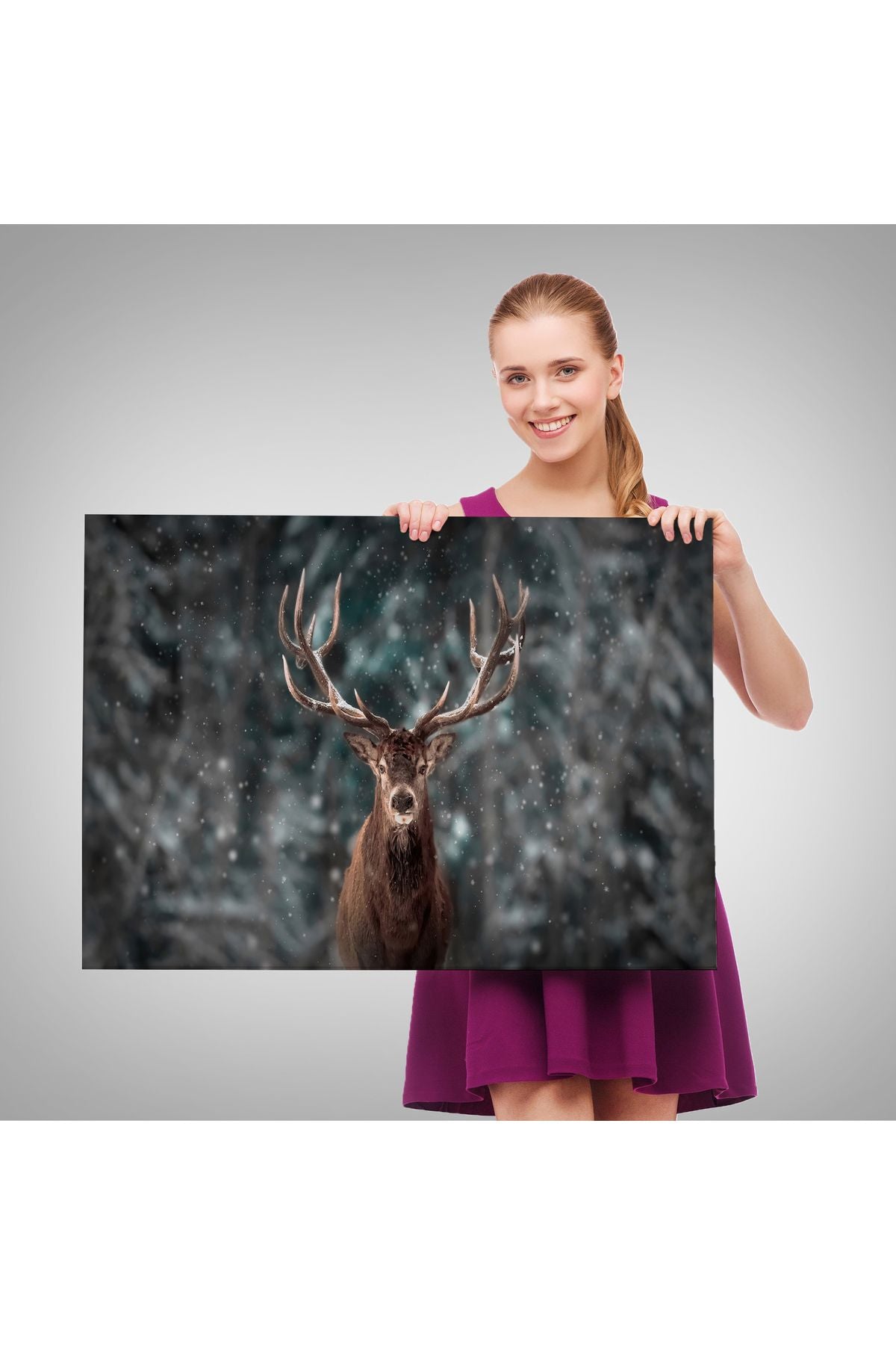 Ren Geyiği ve Kar Kanvas Tablo, Ren Geyiği Kış Ormanı Tablo-5370