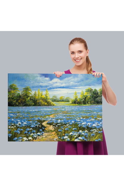 Mavi Gelincik Tarlası Yağlıboya Görünüm Dekoratif Kanvas Duvar Tablosu-3763